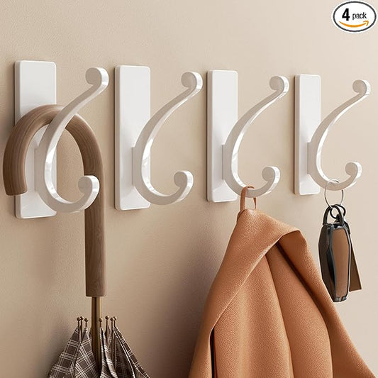 Adhesive Wall Hook for Towel/Coat - Extra Sticky 10LB Stainless, Stick on Hanger for Bath or Shower, Matt White 4-Pack
