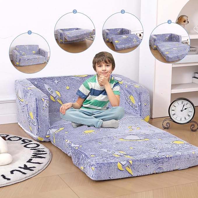 Foldable Kids Sofa,Soft Kids Fold Out Couch Glow in The Dark,Convertible Sofa to Lounger Toddler Sofa Chair(Space-NeatNest