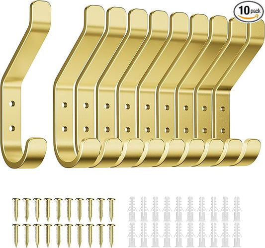 10-Pack Coat Hooks Wall Mounted: 20LB Heavy Duty Hanger for Hanging:Backpack, Towel, Bag, for Closet, Bathroom, Door, Mushroom, Stainless Gold, 3.75"