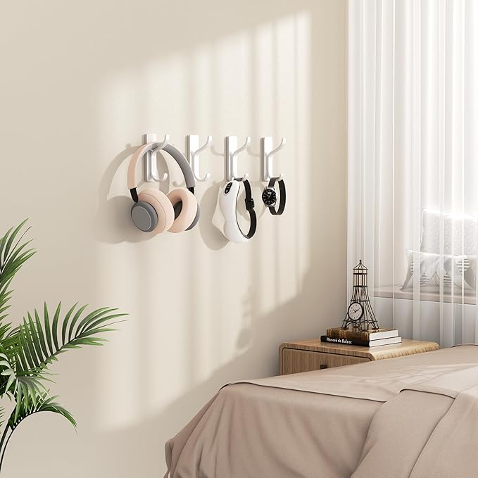 10-Pack Self Adhesive Wall Hooks for Hanging - 13 LB Strong Hold, Sticky Hangers for Coat, Towel, Purse, Keys, Bag - for Wall, Door, Bathroom, Shower, Dorm, Kitchen - Stainless Metal, White