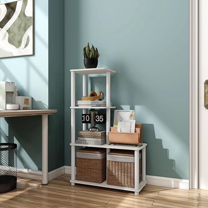 HOMES: Inside + Out Apexa Modern 4-Cube Ladder Shelving Units, Collectibles Display Shelves, Easy Assembly Standing Shelf, Home Storage Organizer for Living Room, Bedroom, Office, White