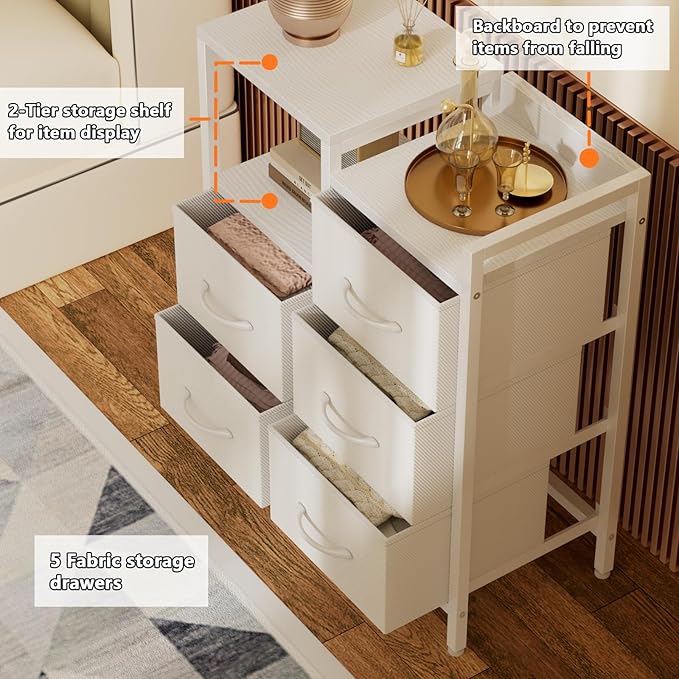 Furnulem 5 Drawer White Dressers for Bedroom 2 Tier Shelf Storage Small Fabric Dresser for Closet Sturdy Metal Frame Modern Style Storage Cabinets Organization Units for Hallway Rooms-NeatNest