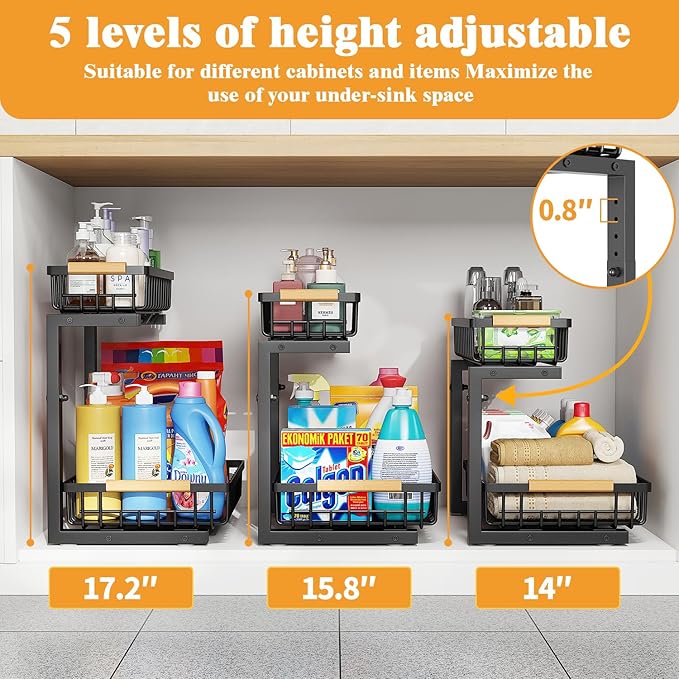 2-Tier Slide Out Under Sink Organizer – 2-Tier Pull-Out Storage Rack, Bathroom organizers and storage for Kitchen and Bathroom, Space-Saving Cabinet Organizer, Rustproof,（Black)(1 Pack)-NeatNest
