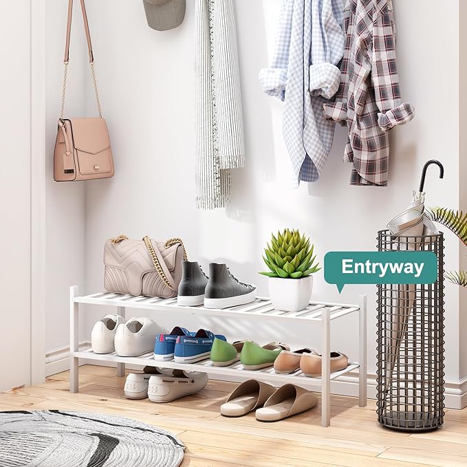 Long Shoe Rack for Entryway,Shoe Organizer for Hallway Closet, Bamboo Wood Shoe Racks for Indoor Outdoor (White, 2-Tier Long)-NeatNest