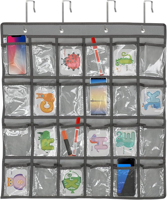DOITOOL 24 Clear Pockets Classroom Pocket Chart for Cell Phones Calculator Holder Over The Door Hanging Closet Jewelry Organizer Clear Pocket Chart Organizer for Classroom Cellphone Storage-NeatNest