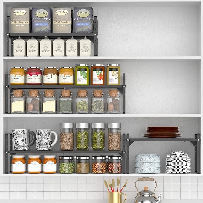 iPEGTOP Large Expandable Cabinet Storage Shelf Organizer Rack, Heavy Duty Stackable Steel Metal Spice Rack Adjustable Height Office Pantry Garage Shelves for Counter Kitchen, Black - 1 Pack-NeatNest