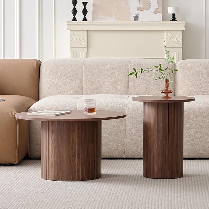 Round Nesting Coffee Tables Set of 2 -φ27.6 Large Short + φ15.8 Small Tall Boho Circle Side Tables with Fluted Drum Design