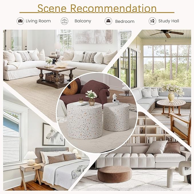 Round Coffee Table Set of 2 Modern Nesting Coffee Tables Wooden Drum Coffee Tables with Non-Slip Feet, Circle Nesting Tables End Table for Living Room Office, No Assembly (Terrazzo 18.11"+14.57")