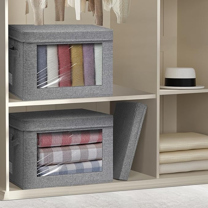 4-Pack Fabric Storage Bins with Lids, Foldable Storage Boxes with Handles & Clear Window, Closet Organizers for Clothes, Books (Grey, 4PCS/11.4 x 8.6 x 6.7 in)-NeatNest