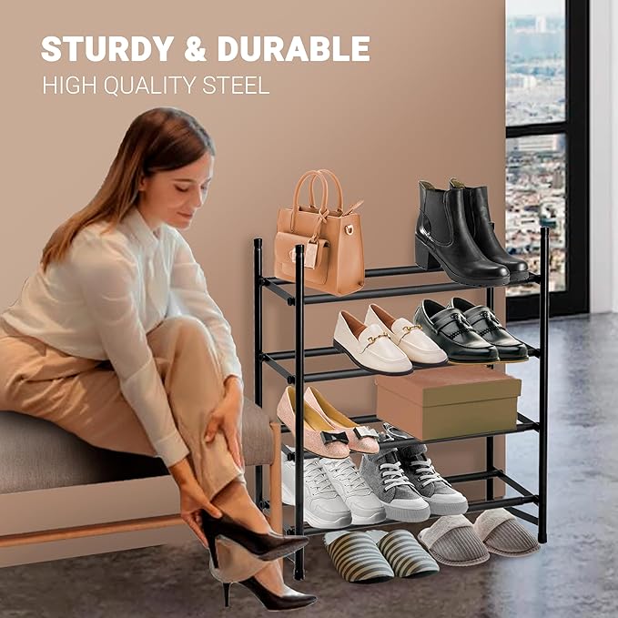 ikloo 4-Tier Shoe Rack for Closet and Entryway | Expandable and Stackable Shoes Organizer for Small Spaces | Adjustable Metal Shoe Shelf for Shoe Storage | Fit Up to 30 Pairs of Shoes | Black-NeatNest