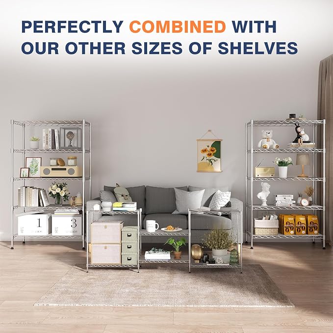5-Tier Heavy Duty Wire Shelving Unit,35"Wx18"Dx71"H,5-Shelf Racks On Lockable Wheels,Height Adjustable Metal Shelves,Shelving Unit and Storage For Bathroom,Kitchen,Garage,Office,Studio,Chrome-NeatNest