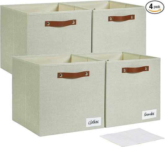 Collapsible Fabric Storage Cube Bins with 2 Reinforced PU Handles, Foldable Storage Organizer Baskets for Closet, Shelves, Living Room | 13"x13"x13", 4 Pack, Sage Green-NeatNest
