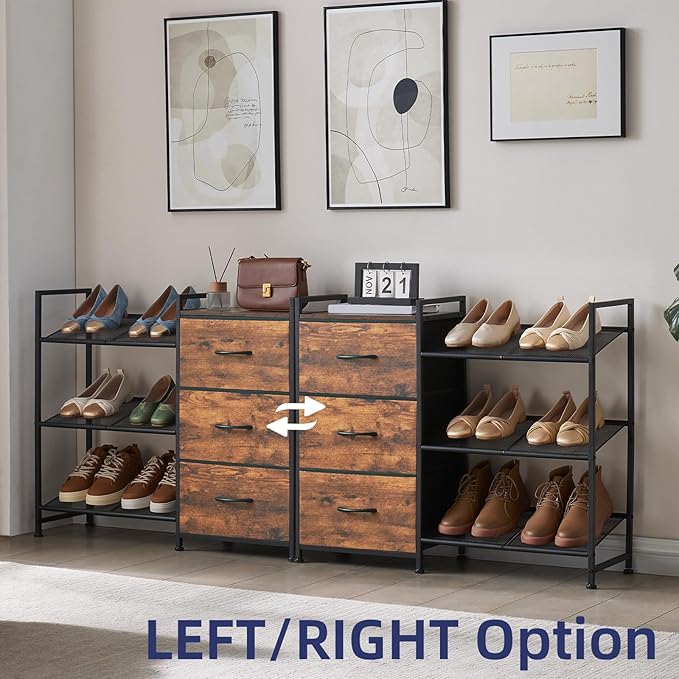 Somdot Shoe Rack, 3 Tier Shoe Organizer with 3 Drawers, Metal Shoe Storage Shelf for 6-9 Pairs of Shoes, Narrow Shoe Rack for entryway, Wood Grain Print-NeatNest
