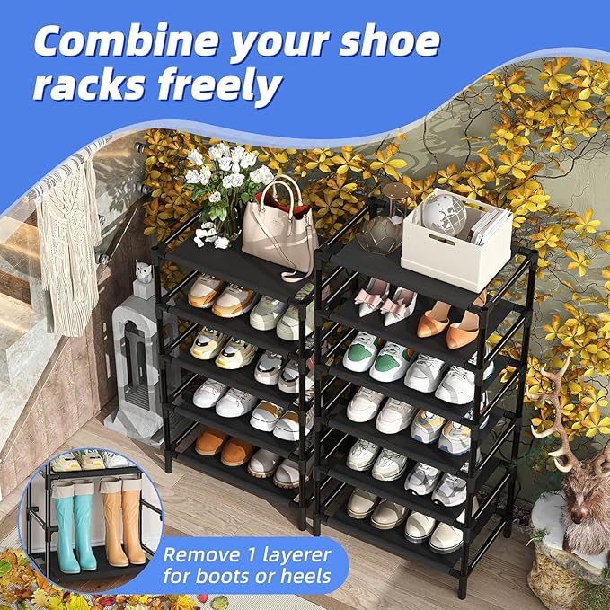 Simple Trending Narrow Shoe Rack with Cover, 10 Tier Shoe Organizer Storage, Tall Free Standing Shoe Cabinet Holds 20 Pairs for Closet, Black-NeatNest