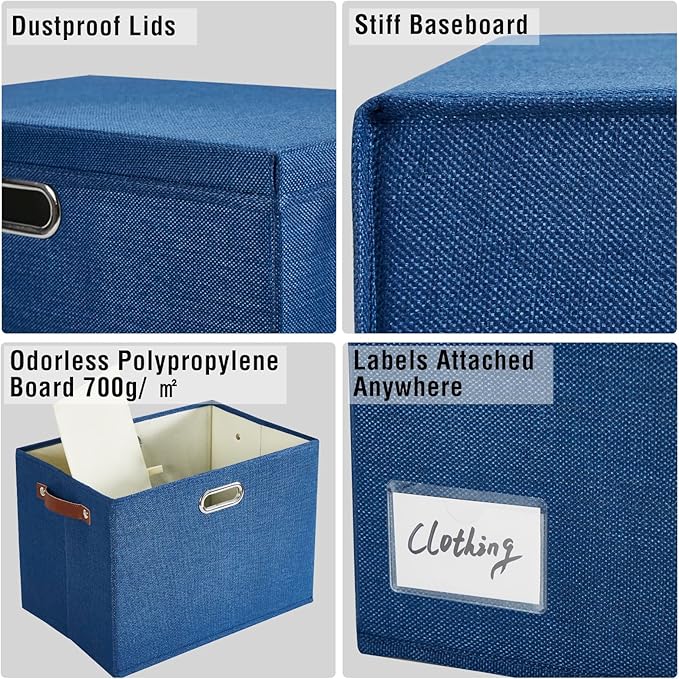 17" Large Collapsible Storage Bins with Lids, Stackable Closet Organizers with PU Handle and Labels, 3-Pack Decorative Fabric Storage Boxes for Home, Bedroom, Closet, Office, Nursery(Navy)-NeatNest