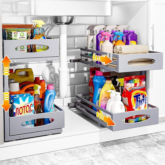 Under Sink Organizer, 2 Tier Under Sink Organizers and Storage, Adjustable Height, Slide Out Metal Cabinet Organizers, Pull Out Cabinet Storage Drawer Shelf for Kitchen Bathroom Gray, 2 Pack-NeatNest