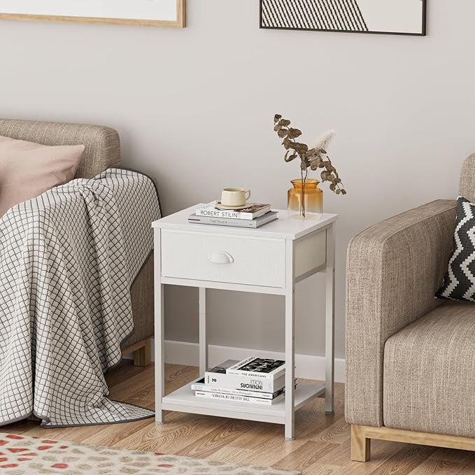 Furologee White Nightstands Set of 2, End Table with Fabric Drawer, Small Side Table for Small Spaces, 2 Tiers Storage Shelves End Table, Bedside Table for Living Room, Bedroom, Dorm