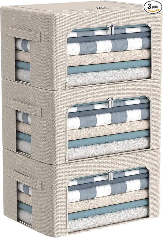 3Pack Frame Storage Box - Clothes Storage Bin Bags Oxford Fabric Foldable Stackable Container Organizer Set with Clear Window & Carry Handles Large Capacity (Beige, Small-22L)-NeatNest