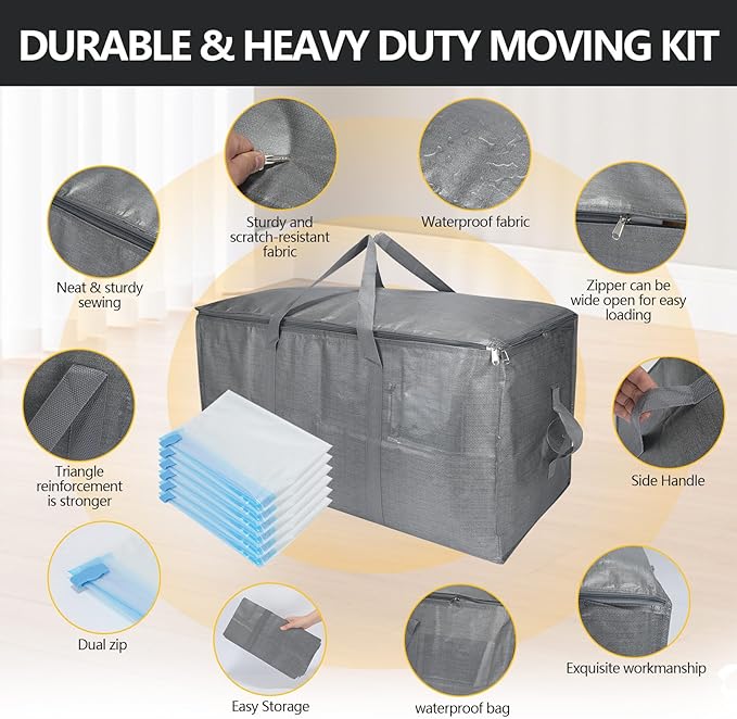 Extra Large Storage Bags Set Heavy Duty Moving Totes with Handles, Waterproof Dual-Way Carrying Design Space-Saving Packing Supplies, Includes 10 Vacuum Seal Bags