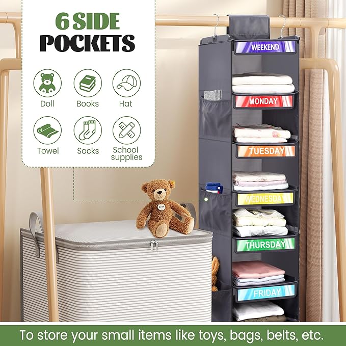 2 Pack 6-Shelf Weekly Clothes Organizer for Kids, Hanging Daily Closet Organization with 6 Side Pockets, Days of The Week Clothing Divider Storage for Boys and Girls (Grey)-NeatNest