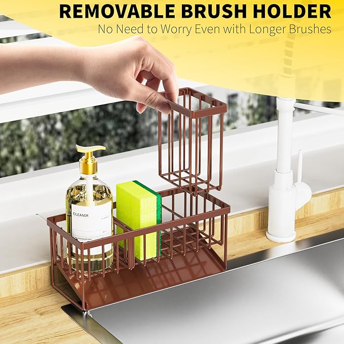 Cisily Kitchen Sink Caddy, Sponge Holder for Kitchen Sink, Kitchen Sink Organzier and Storage with High Brush Holder, Rustproof 304 Stainless Kitchen Gadgets Sink Accessories(Brown)-NeatNest