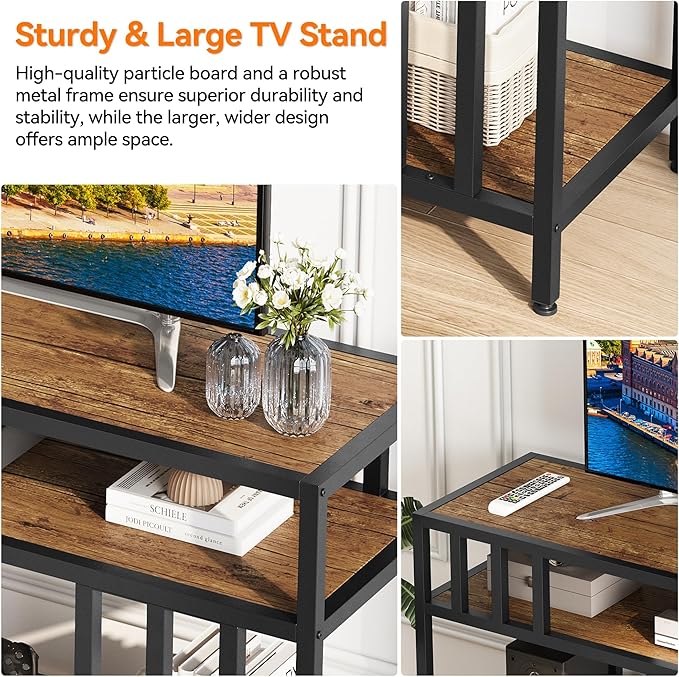 Garvee 58" TV Stand for Television up to 65 Inches, Entertainment Center with 3-Tier Open Shelves, TV Media Console Table with Quadruple-Tube Support for Living Room, Entryway, Rustic Brown-NeatNest