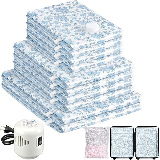 10 Pack Travel Vacuum Storage Bags with Electric Pump, 2 Large + 4 Medium + 4 Small Vacuum Sealer Bags, 80% Space Saver Bags for Luggage, Comforters and Blankets, Travel Essentials(Blue Flowers)-NeatNest