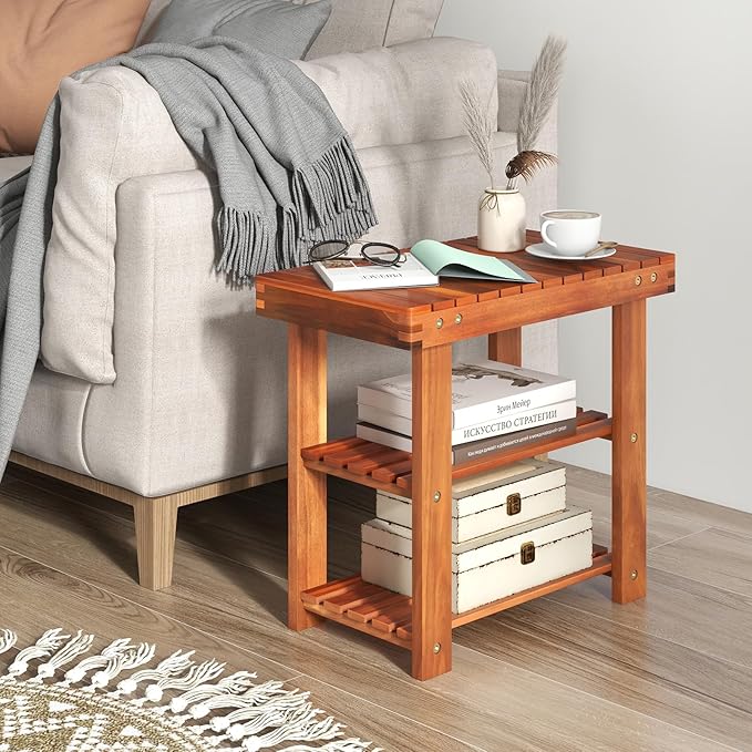 Tangkula Acacia Wood Shoe Rack Bench, 3 Tier Sturdy Bench, Storage Organizer, Holds up to 180lbs for Entryway, Bedroom, Living Room, Balcony, Teak Color (19-inch)-NeatNest