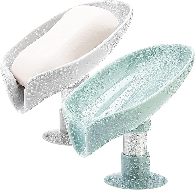 2Pack Soap Holder Leaf-Shape - Self Draining Soap Dish Holder, Not Punched Easy Clean Bar Soap Holder, with Suction Cup Soap Dish Suitable for Shower, Bathroom, Kitchen Sink (Grey + Green)-NeatNest