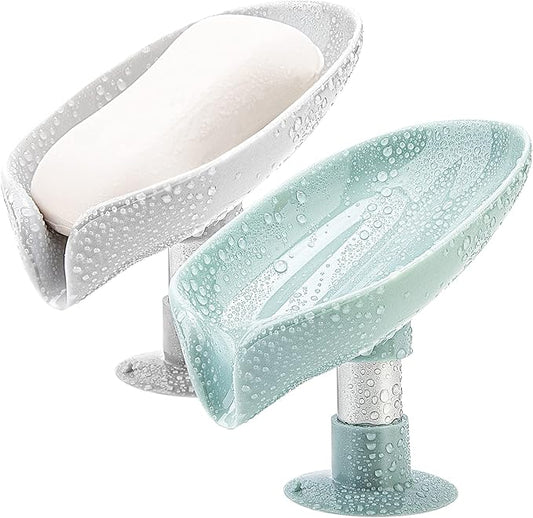 2Pack Soap Holder Leaf-Shape - Self Draining Soap Dish Holder, Not Punched Easy Clean Bar Soap Holder, with Suction Cup Soap Dish Suitable for Shower, Bathroom, Kitchen Sink (Grey + Green)-NeatNest