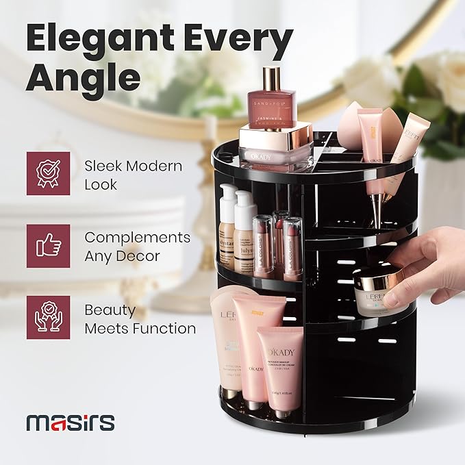 360 Rotating Makeup Organizer - Adjustable Shelf Height and Fully Rotatable. The Perfect Cosmetic Organizer for Bedroom Dresser or Vanity Countertop. (Black)-NeatNest