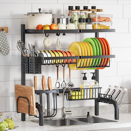 Over The Sink Dish Drainer Drying Rack,Large Over Sink Dish Drying Rack,3 Tier Dish Rack Over Sink Counter with Storage Baskets,Above Sink Dryer Racks with Adjustable Size L(25.19"-37.4")*H30.9"
