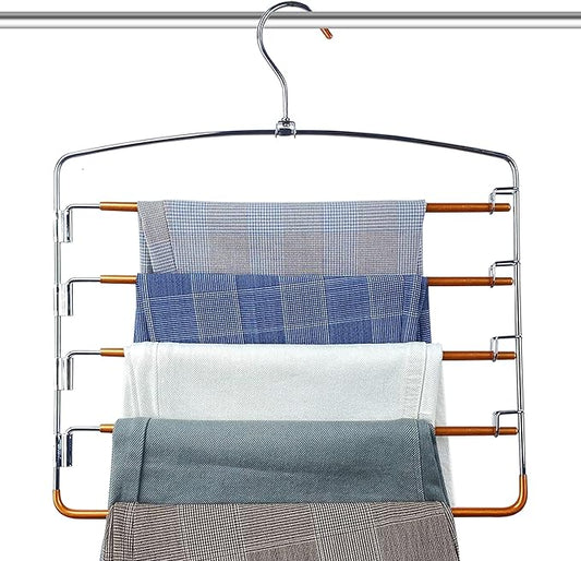 FeeraHozer Pants Hangers Non Slip 3 Pack Space Saving Hangers Multi-Layer Swing Arm Stainless Steel Space Saver Rack for Jeans Scarf Trouser Clothes (Gold)-NeatNest