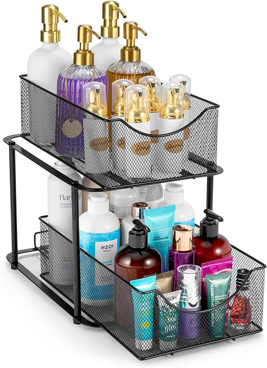 Sorbus 2 Tier Metal Under Sink Organizer for Bathroom, Kitchen, Strong Steel Mesh Sliding Drawers for Under Sink, Under Cabinet, Closet, Kitchen, Pantry, Bathroom Organizers and Storage (Black)-NeatNest