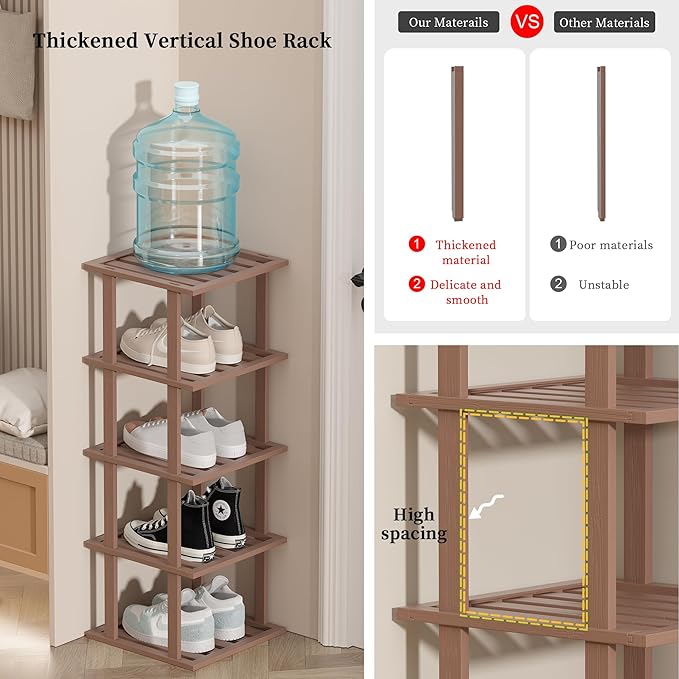Bamboo Shoe Rack for Front Door Entrance, Brown Vertical Shoe Rack - Tall Narrow Shoe Rack Organizer for Small Spaces, Wooden Shoe Shelf for Closet and Entryway, Space Saving 7 Tier Stackable-NeatNest