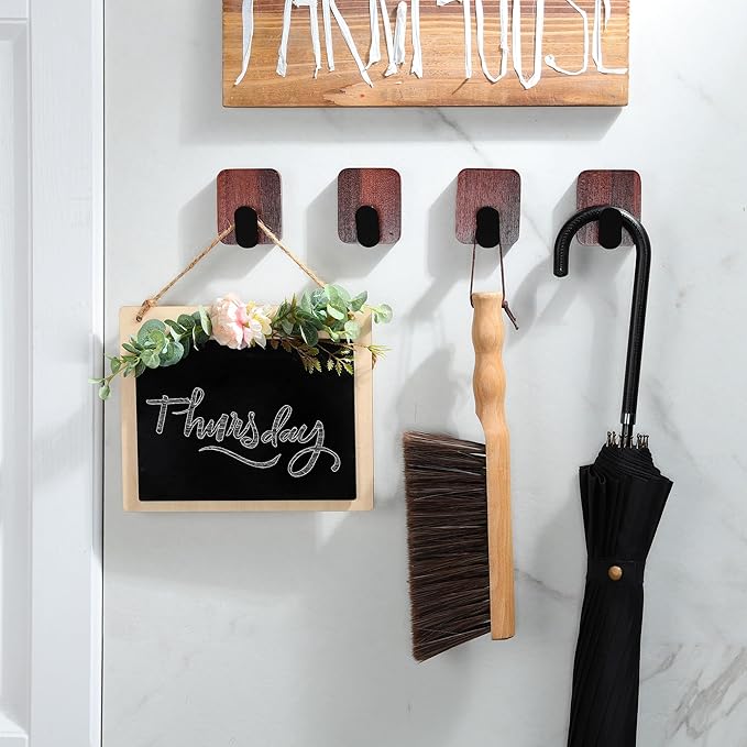 DELITON Acacia Wooden Towel Hooks Red Brown, 4 Pack Sticky Hooks for Hanging Towels, Coat, Hat, Robe, Heavy Duty, No Damage-NeatNest