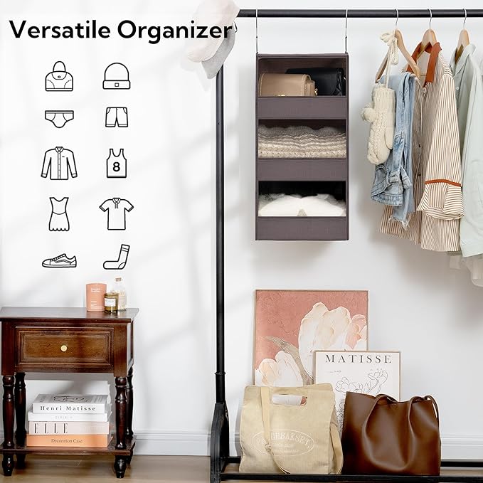 GRANNY SAYS 3-Shelf Closet Organizers and Storage, Foldable Hanging Closet Organizer, Hanging Closet Shelves with 2 Metal Hooks, Leak-Proof Hanging Shelves for Closet, Bedroom, RV, Camper, Dark Brown-NeatNest