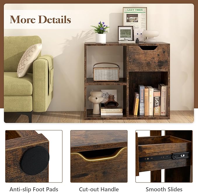 Giantex 3 Cube Bookcase with Drawer, 2 Tier Bookshelf for Small Space, Modern Freestanding Display Rack with Open Shelves, Book Case, Wood Cube Storage Organizer Bedroom Living Room, Rustic Brown