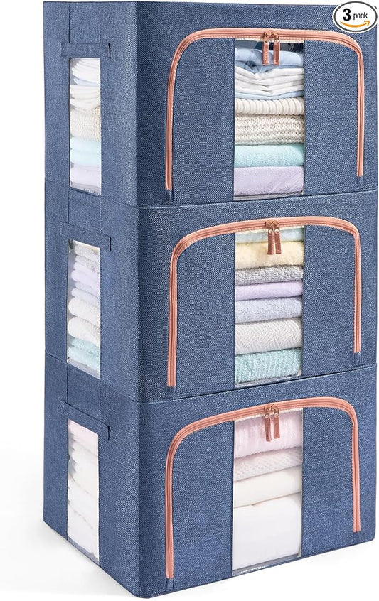 3 Pack 66L Stackable Clothes Storage Bins with Metal Frame Handles & Zipper, Collapsible Closet Organizer Box with Lid for Bedding Blankets Towel (Navy)-NeatNest