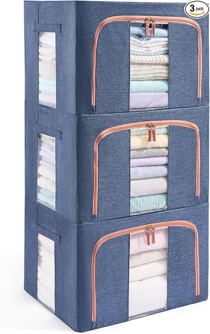 3 Pack 100L Stackable Clothes Storage Bins with Metal Frame Handles & Zipper, Collapsible Closet Organizer Box with Lid for Bedding Blankets Towel (Navy)-NeatNest
