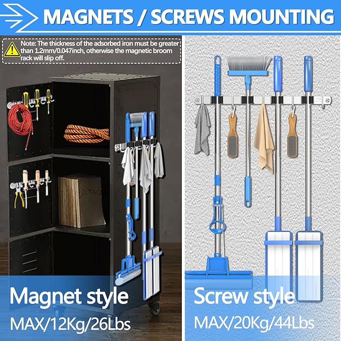 3-H Magnetic Broom Holder Wall Mounted 2 Pack, Strong Magnetic Broom Hooks 17 Inch, Heavy Duty Magnet Broom Organizer Wall Mounted, Utility Storage Tools Rack for Home Kitchen Workshop Laundry Garage