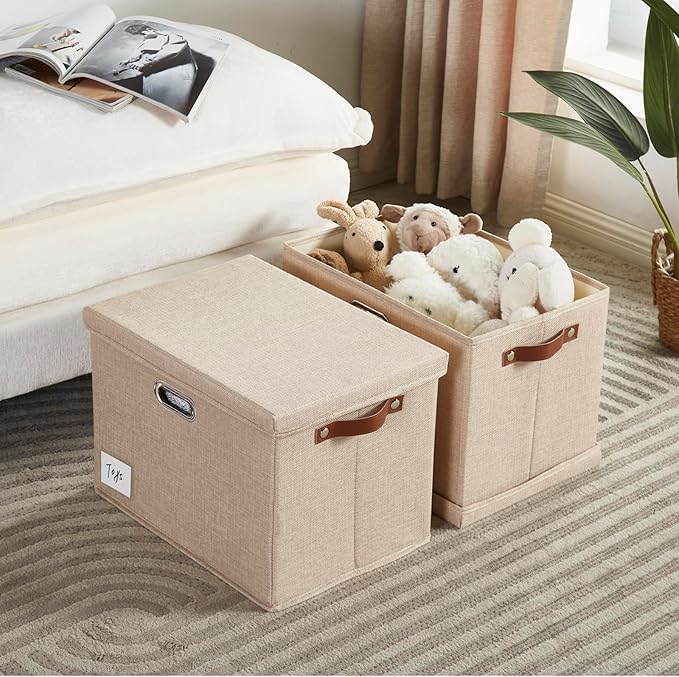 17" Large Collapsible Storage Bins with Lids, Stackable Closet Organizers with PU Handle and Labels, 3-Pack Decorative Fabric Storage Boxes for Home, Bedroom, Closet, Office, Nursery(Khaki)-NeatNest