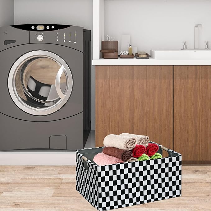 Checkered Storage Basket Foldable Nursey Box | 16.9" Storage Cube for Women Closet Organizer Boys Car Toys Bins with Handles | Sturdy Cardboard & Washable Fabric 2Pack-NeatNest