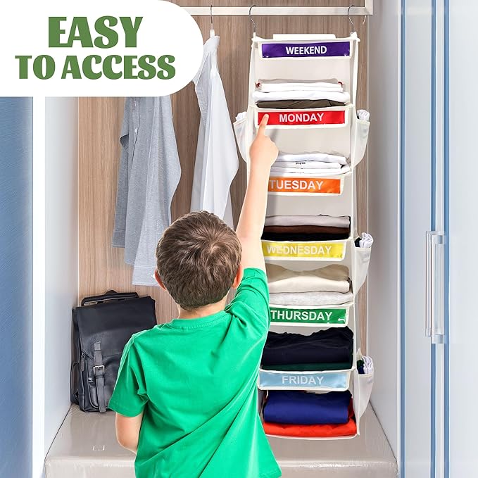 2 Pack 6-Shelf Weekly Clothes Organizer for Kids, Hanging Daily Closet Organization with 6 Side Pockets, Days of The Week Clothing Divider Storage for Boys and Girls (White)-NeatNest