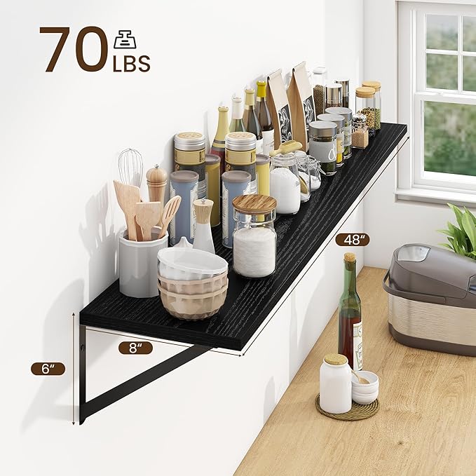 Fun Memories Deep Floating Shelves for Wall, 48W x 8D Wall Mounted Shelves Set of 2, Wide Display Ledge Shelf with Sturdy Metal Brackets for Living Room, Bathroom, Bedroom and Kitchen, Black-NeatNest