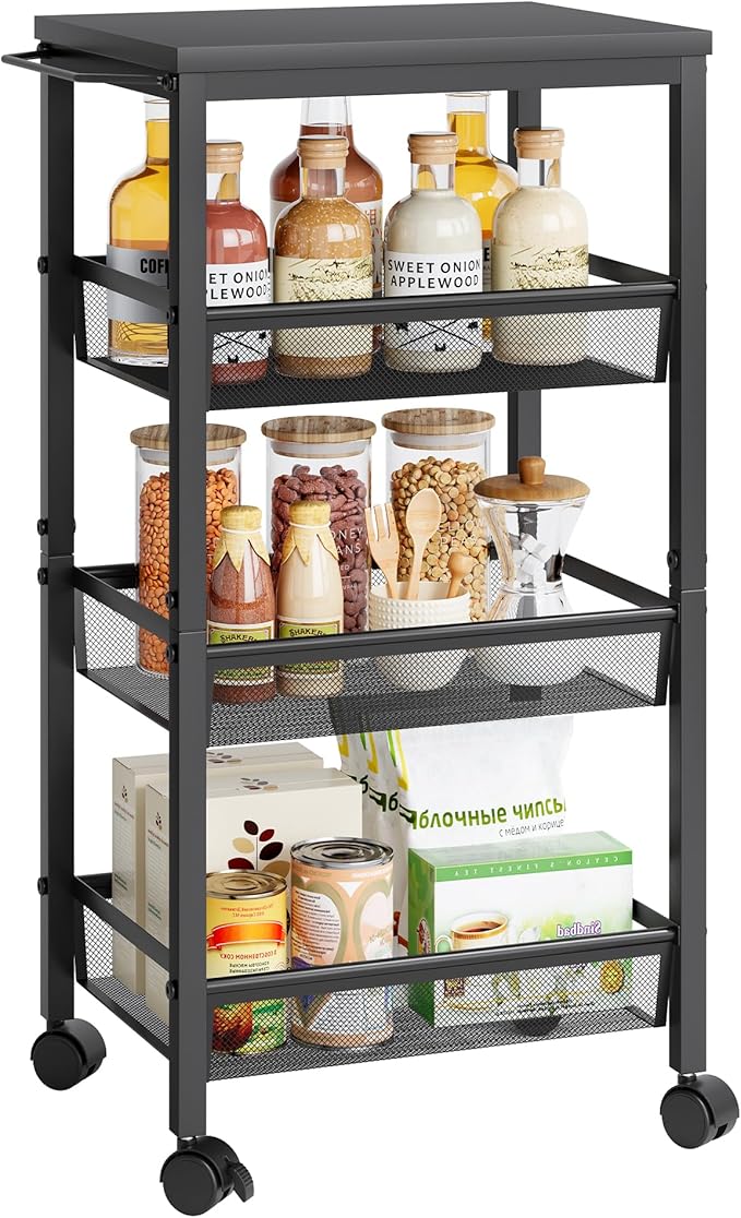 Hoctieon Rolling Storage Cart, 4-Tier Wide Panel Rolling Kitchen Storage Cart, Utility Cart with Handle & Wheels, Mobile Shelving Unit, Metal Frame Narrow Cart for Home Kitchen, Laundry, Black