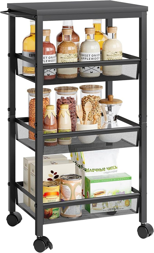Hoctieon Rolling Storage Cart, 4-Tier Wide Panel Rolling Kitchen Storage Cart, Utility Cart with Handle & Wheels, Mobile Shelving Unit, Metal Frame Narrow Cart for Home Kitchen, Laundry, Black