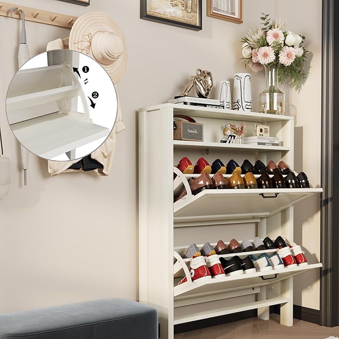 Shoe Cabinet with 2 Flip Drawers, Narrow Shoe Storage Cabinet, Freestanding Shoe Cabinet Organizer, Hidden Shoe Rack Cabinet for Entryway, Hallway (2-Drawers, Off White)-NeatNest
