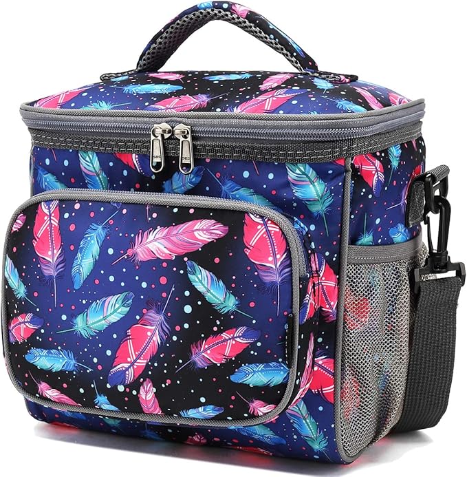FlowFly Insulated Reusable Lunch Bag Adult Large Lunch Box for Women and Men with Adjustable Shoulder Strap,Front Zipper Pocket and Dual Large Mesh Side Pockets,Feather-NeatNest