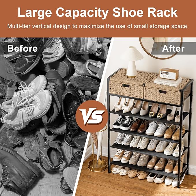 Shoe Rack, 5 Tier Shoe Storage Organizer with 2 Hand Woven Drawers, Metal Shoe Shelf for 16-20 Pairs of Shoes, with 4 Fabric Shelves and Woven Top, Shoe Stand for Closet Entryway, Rustic Oak-NeatNest